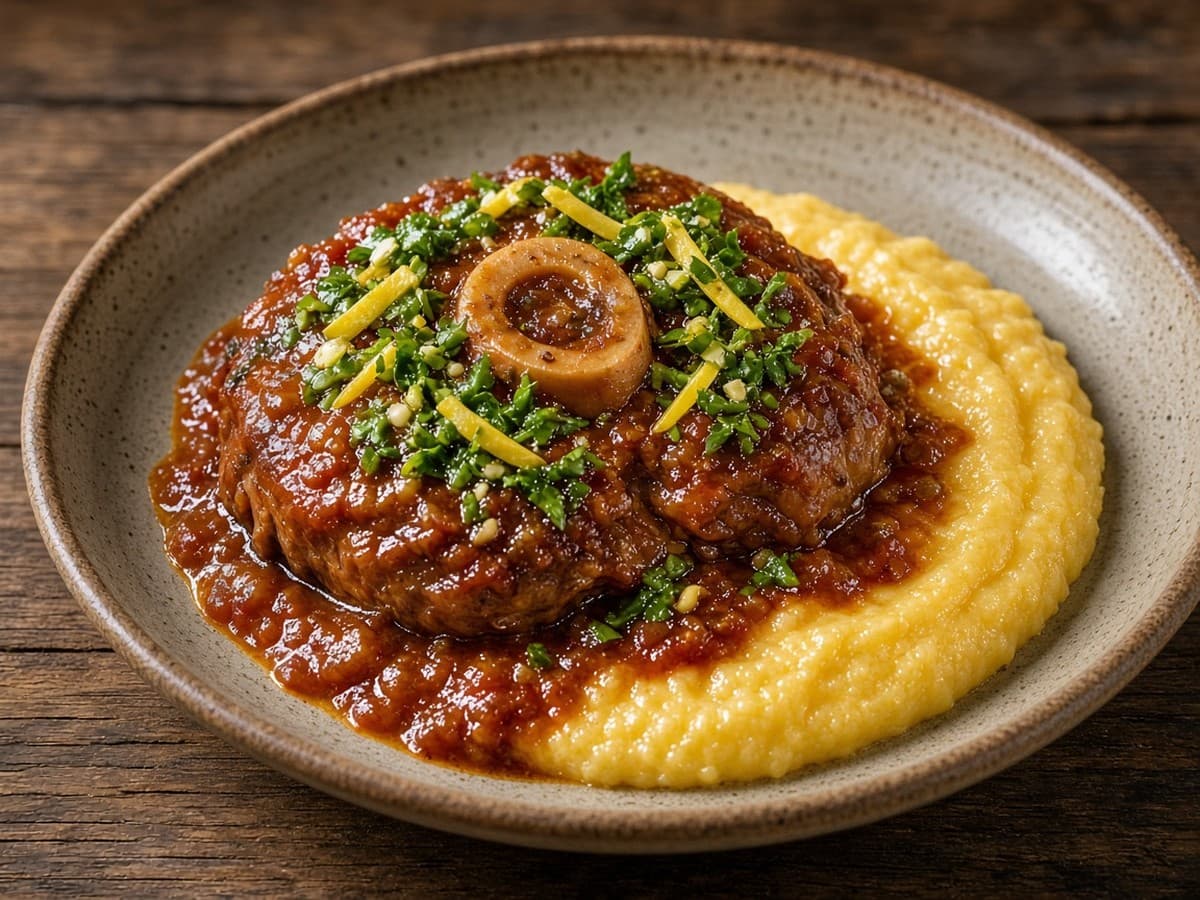 Ossobuco med rødvin og gremolata — serveret ret