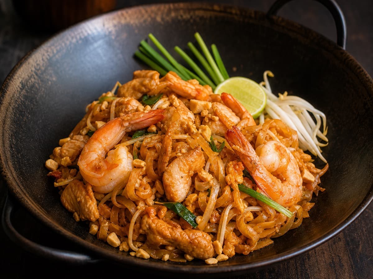 Pad thai med hvidvin — serveret ret