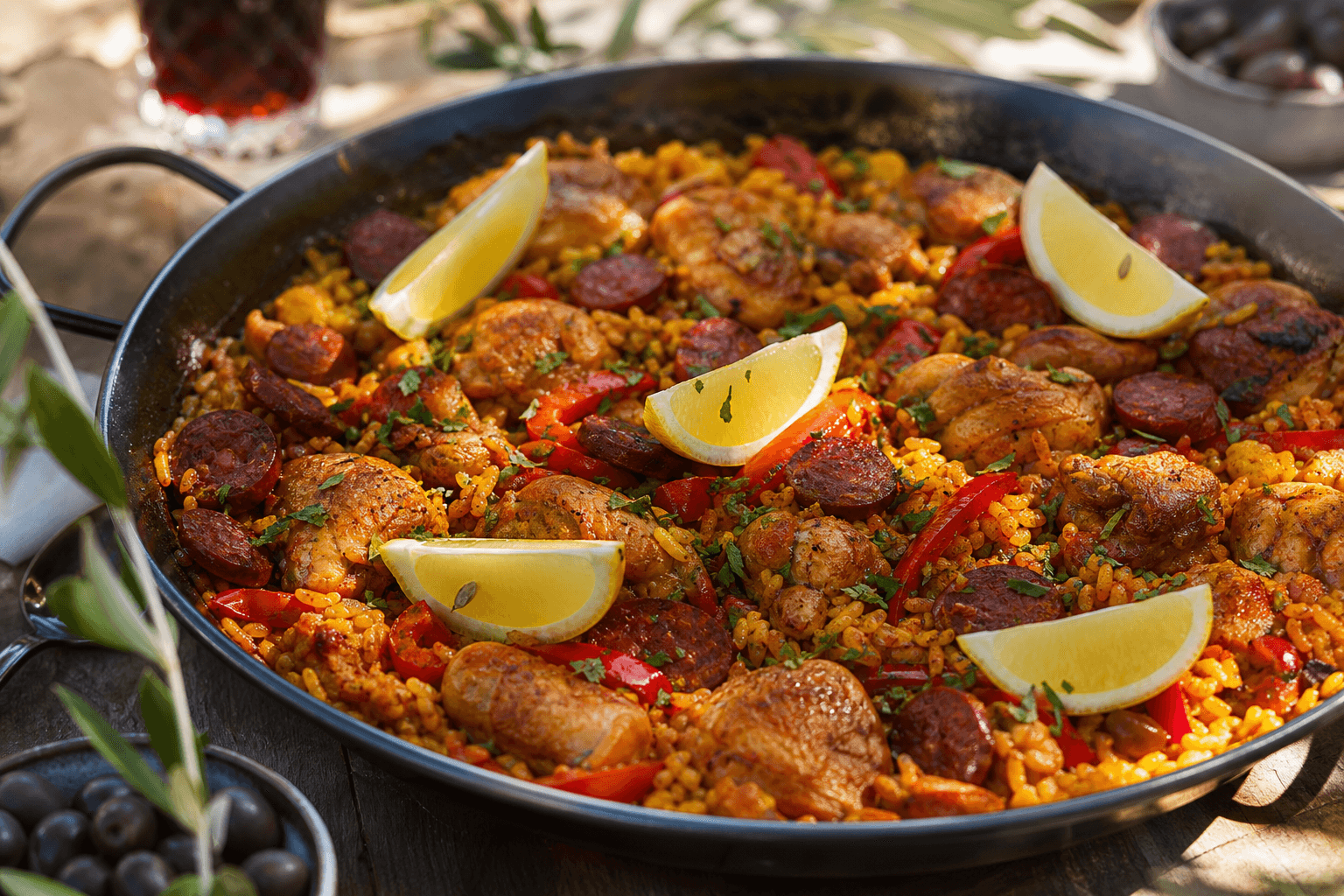 Paella med rødvin — serveret ret
