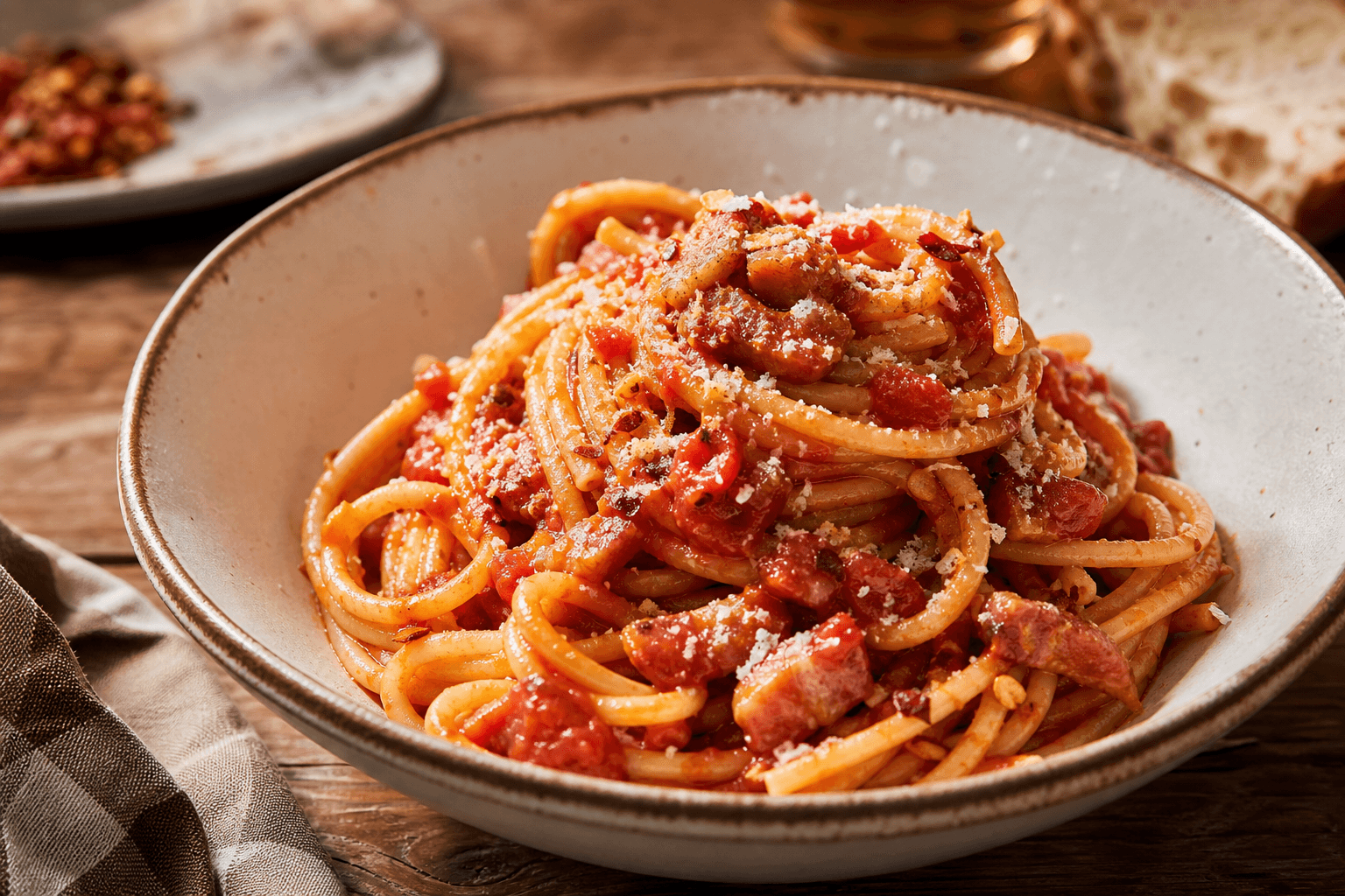 Pasta amatriciana med rødvin — serveret ret