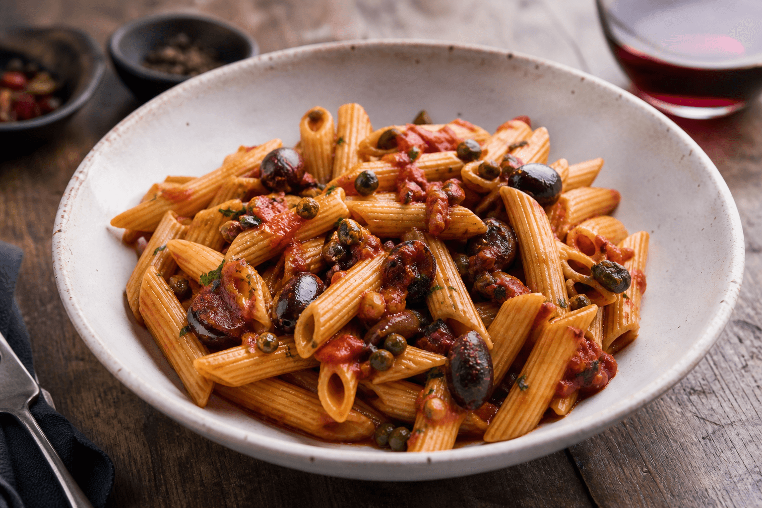 Pasta puttanesca med rødvin — serveret ret