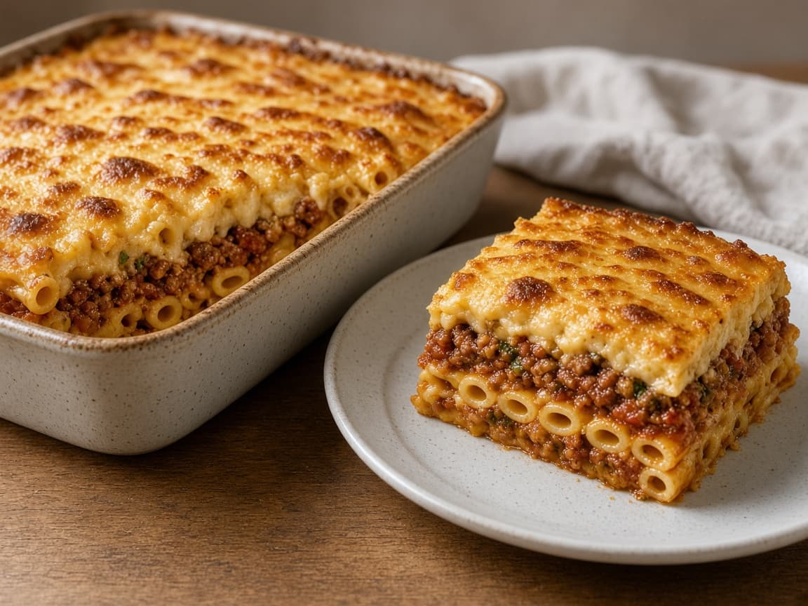 Pastitsio med rødvin — serveret ret