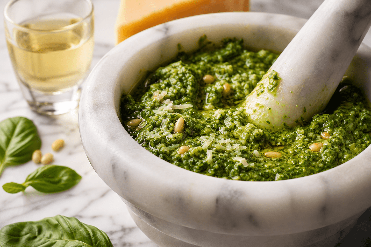 Pesto med hvidvin — serveret ret