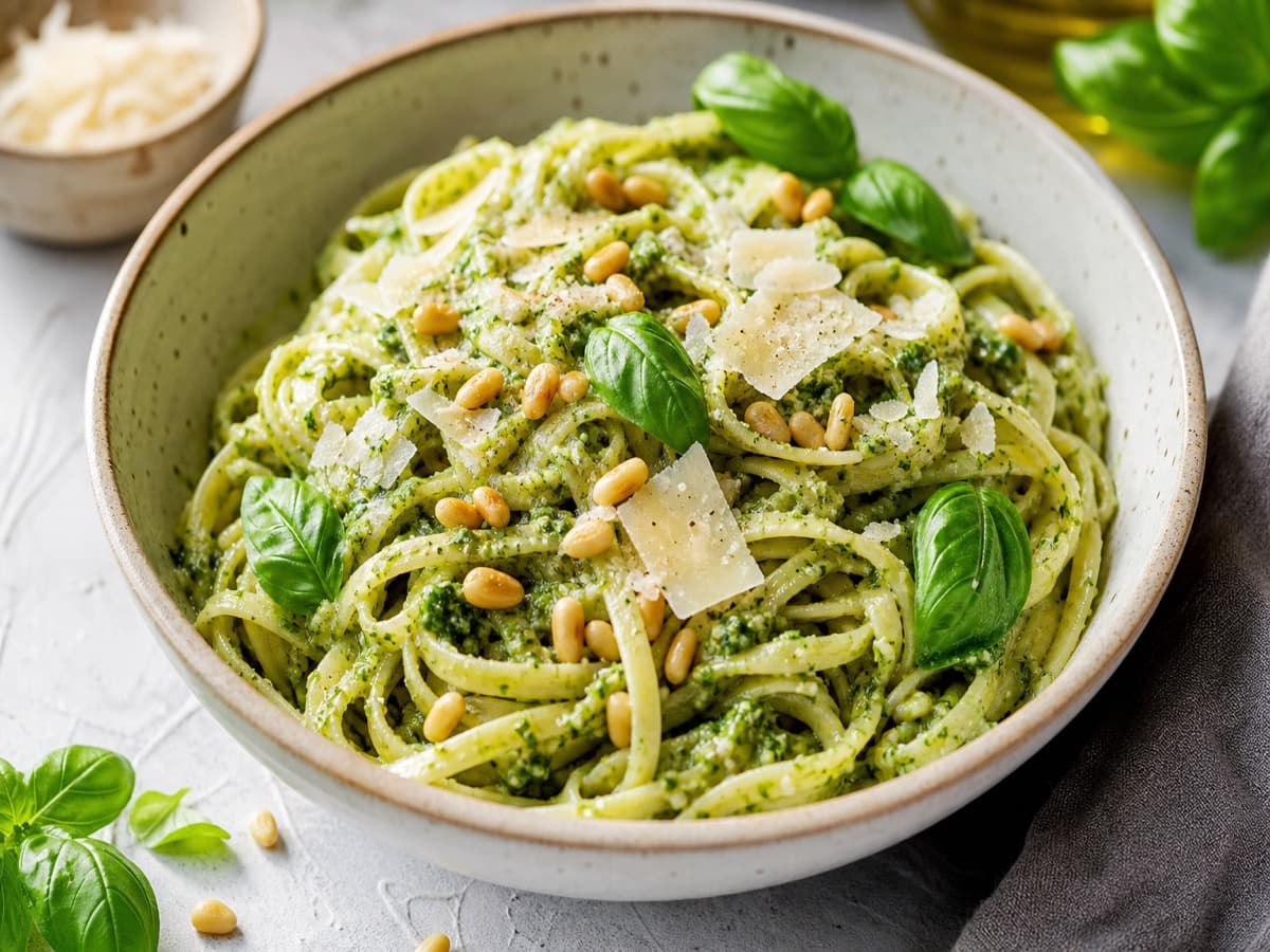 Pesto-pasta med hvidvin — serveret ret
