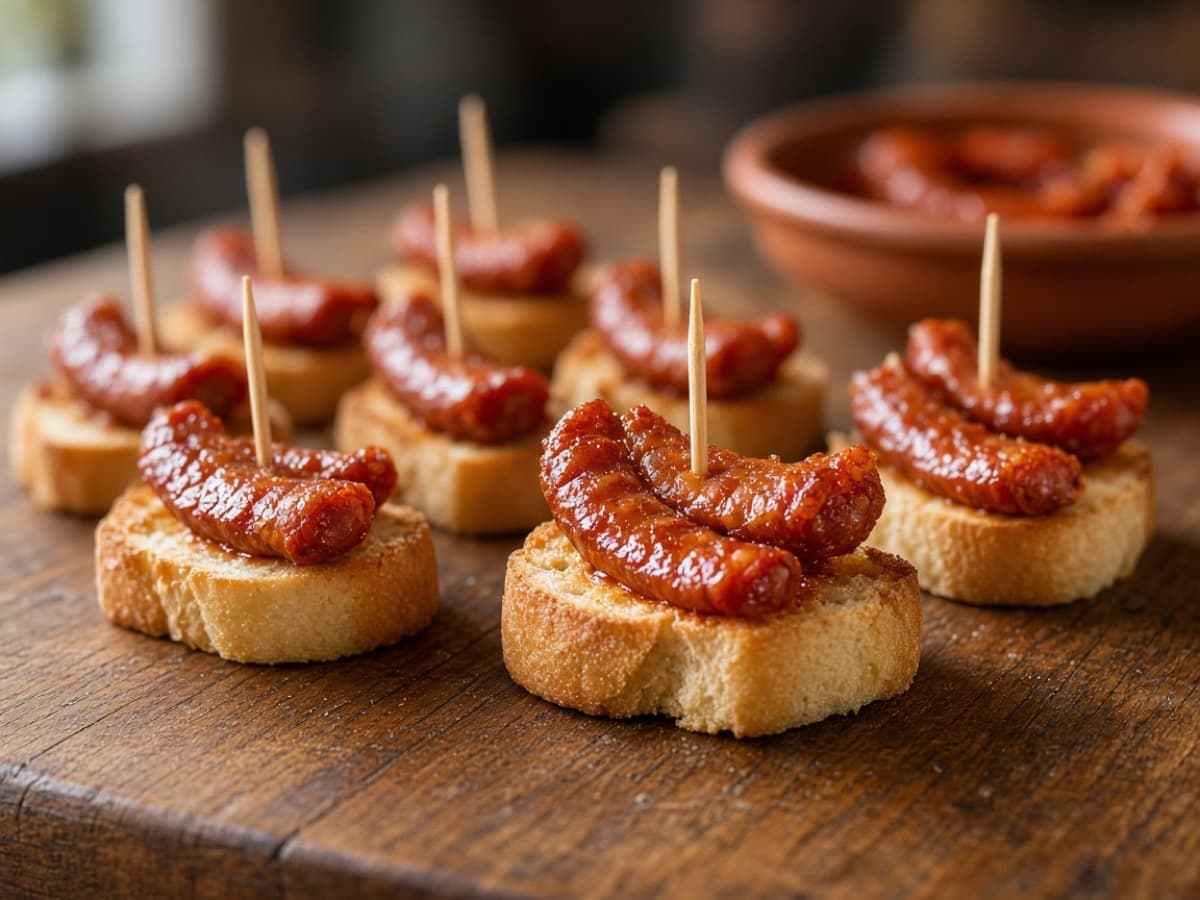 Pintxos med txakoli-dampet chorizo — serveret ret