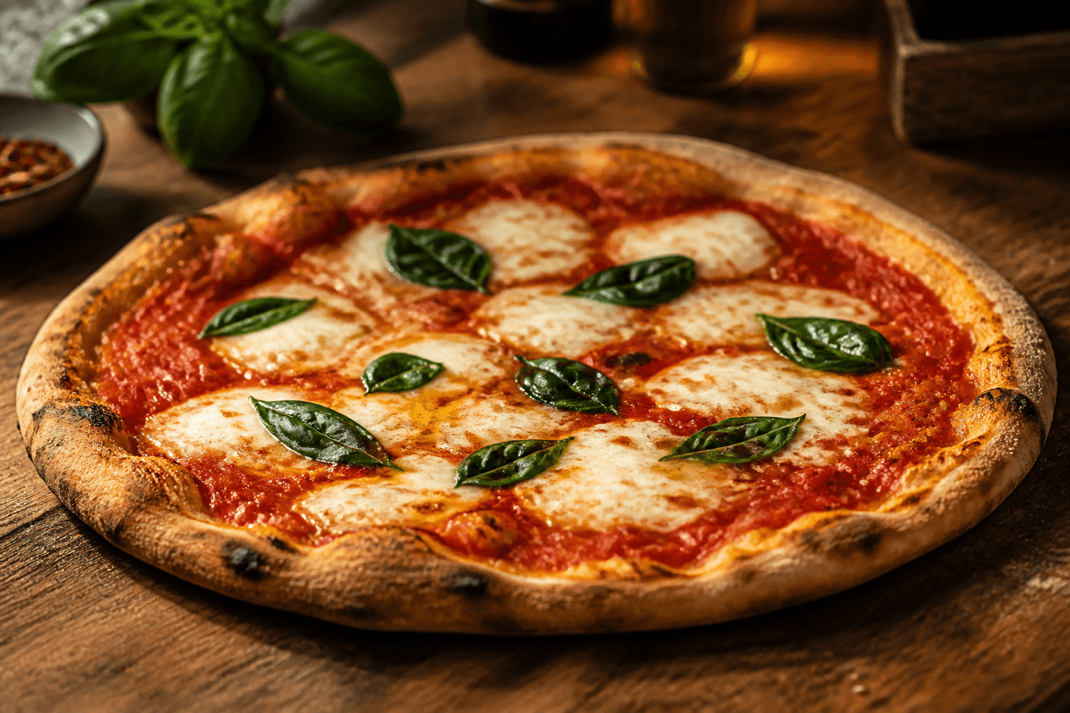 Pizza margherita — serveret ret