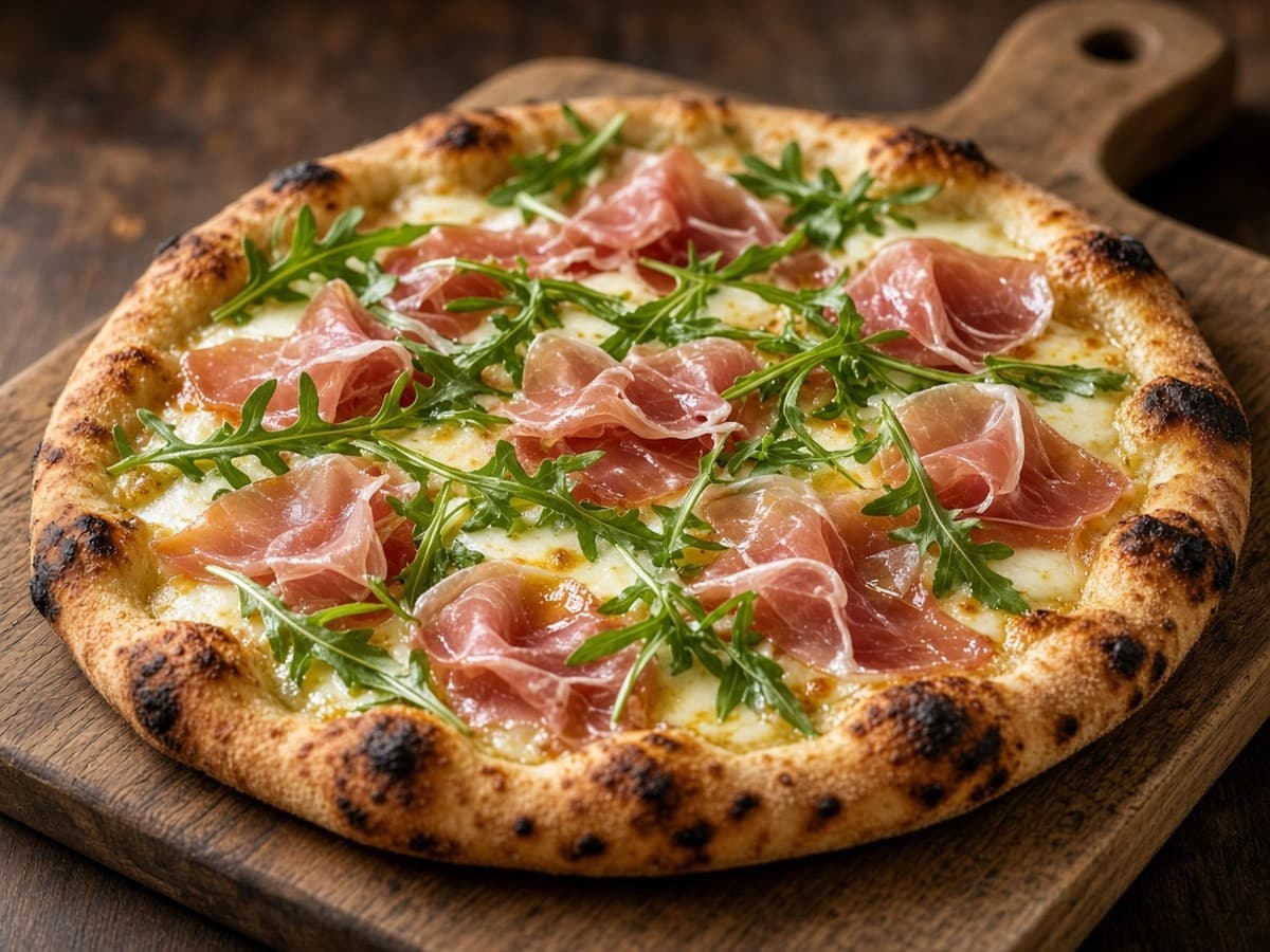 Hjemmelavet pizza med parmaskinke og rucola — serveret ret