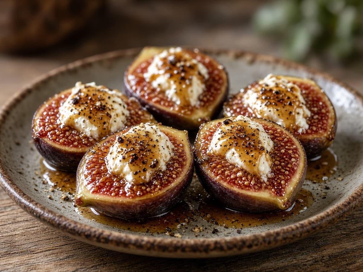 Portvinsglaserede figner med gedeost — serveret ret
