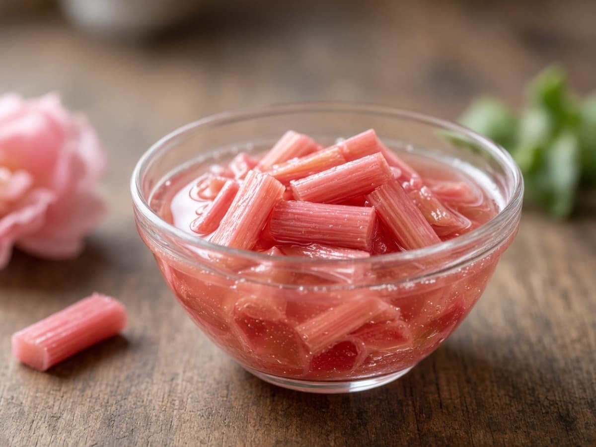 Rabarberkompot med rosé — serveret ret