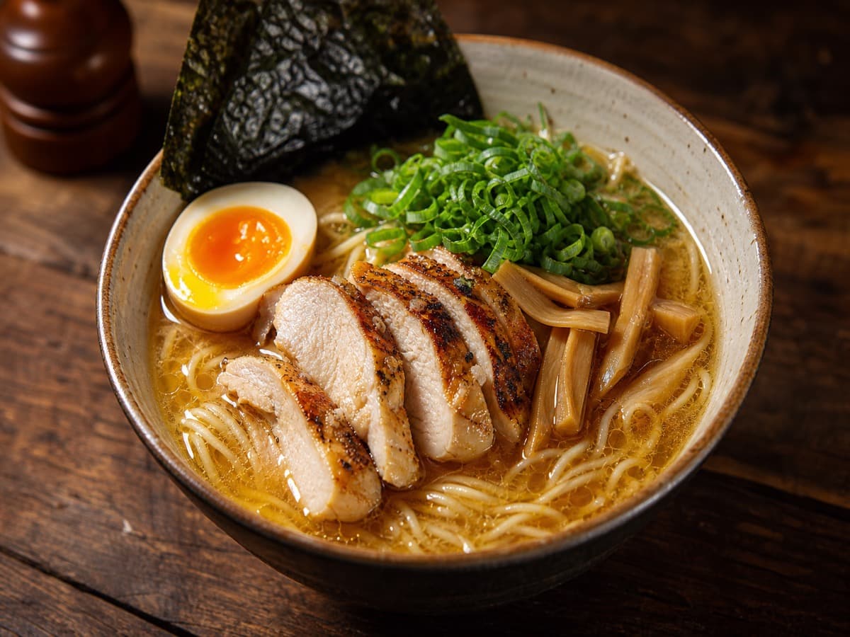 Ramen med kylling og hvidvin — serveret ret