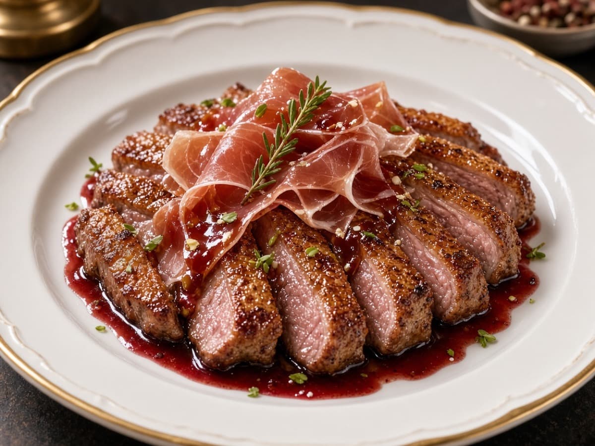Rødvinsmarineret andebryst med prosciutto — serveret ret
