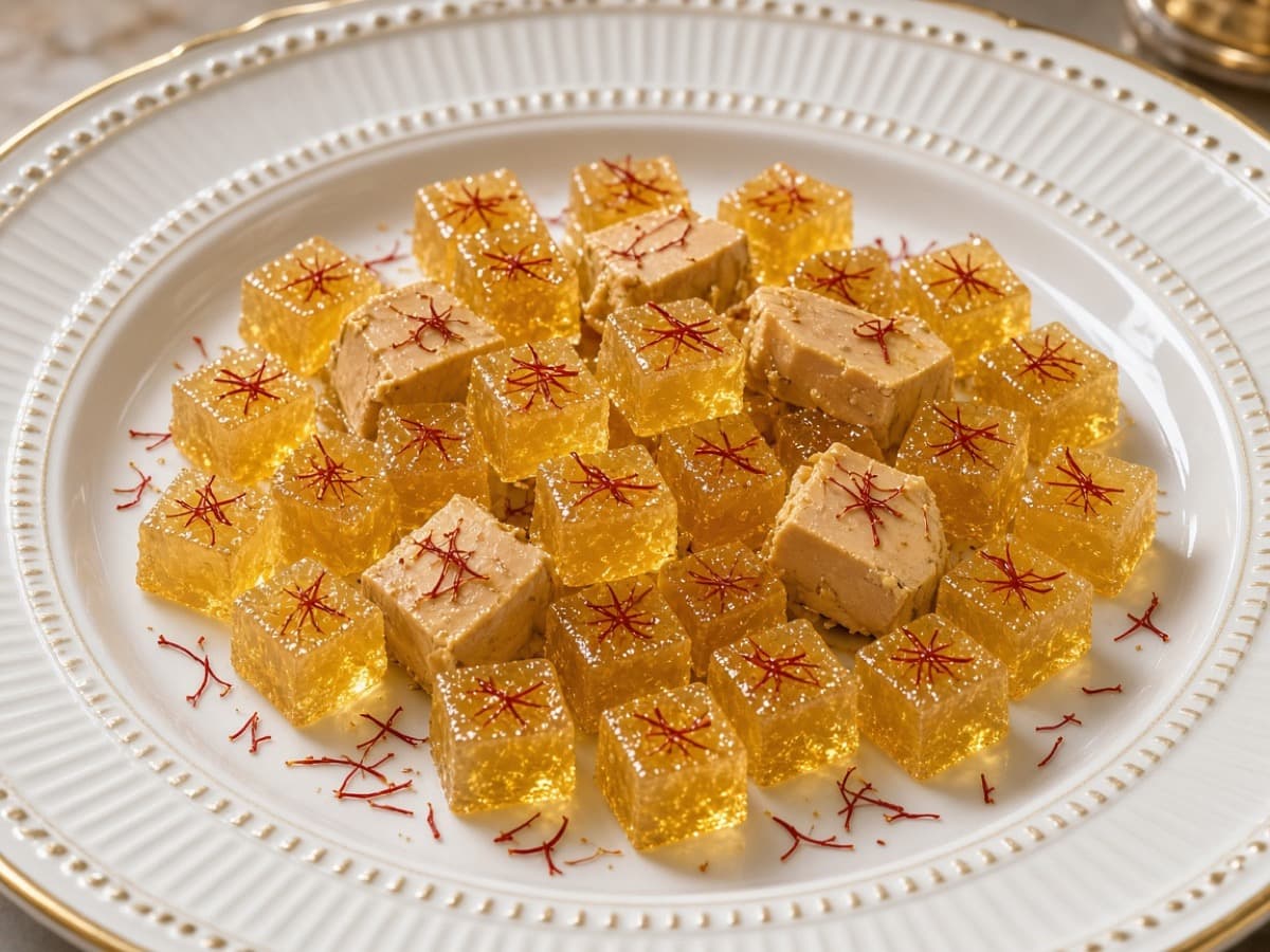 Sauternes-gelé med safran til foie gras og gedeost — serveret ret