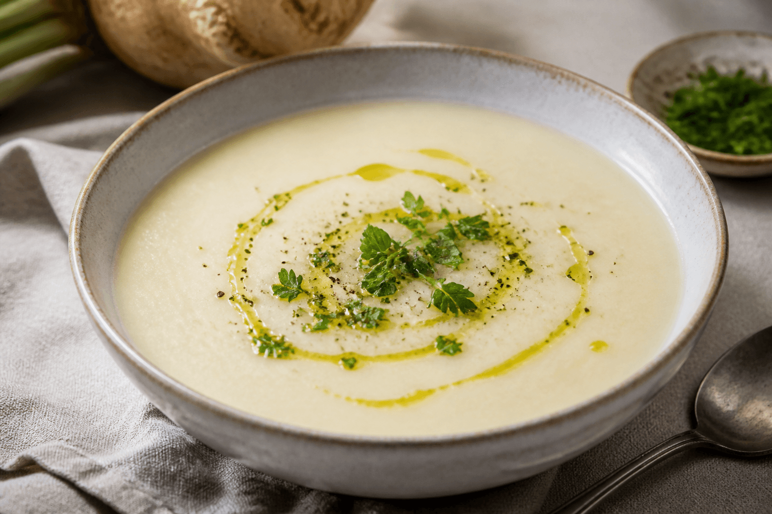 Sellerisuppe med hvidvin — serveret ret