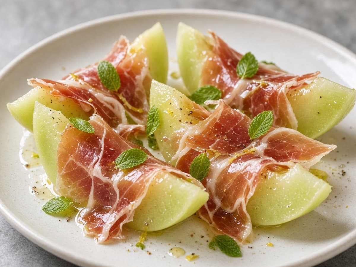 Serranoskinke med hvidvinsmarineret melon — serveret ret