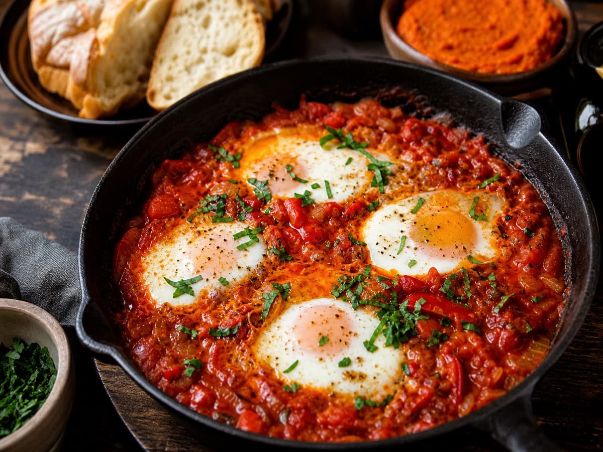 Shakshuka med hvidvin — serveret ret