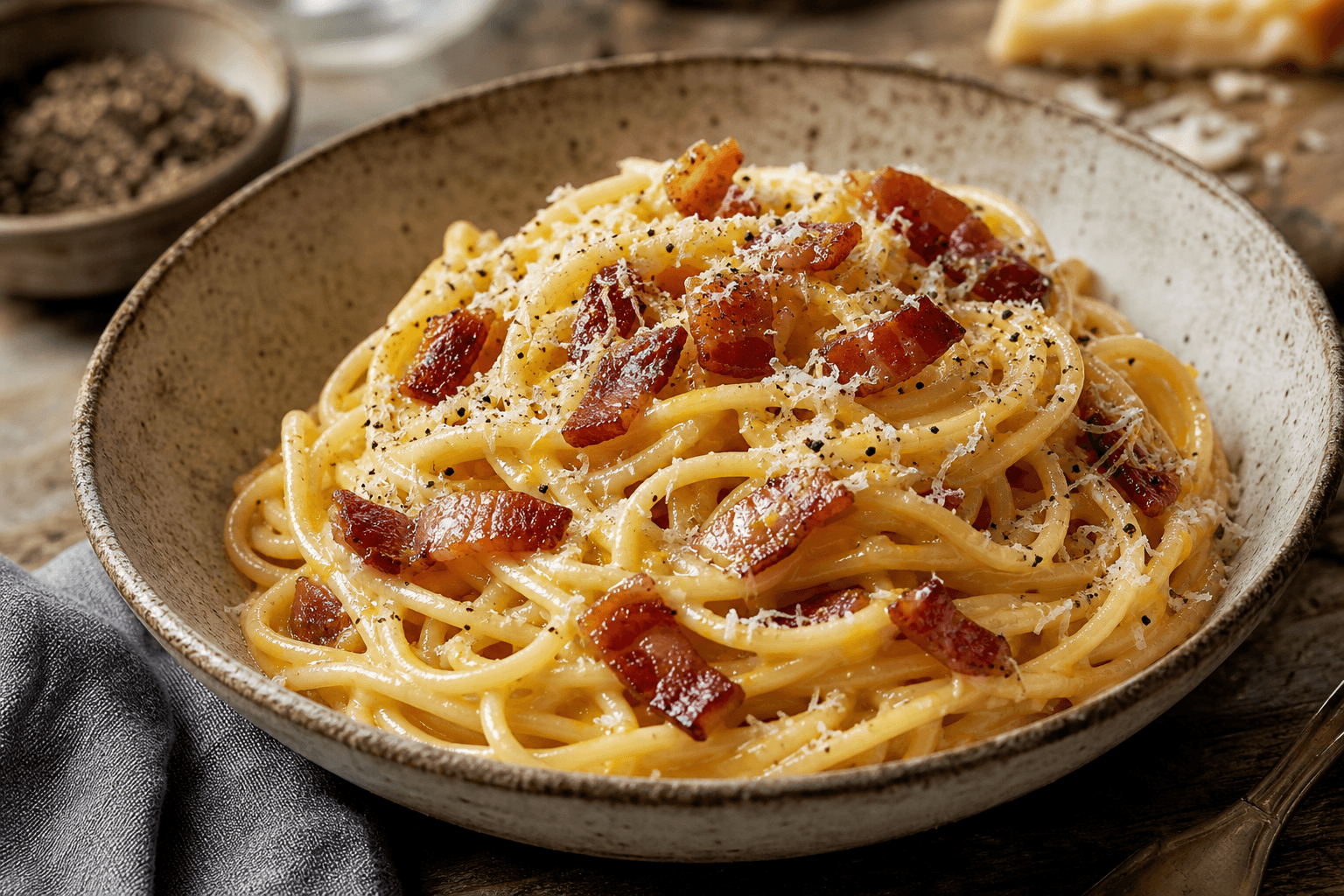 Spaghetti carbonara — serveret ret