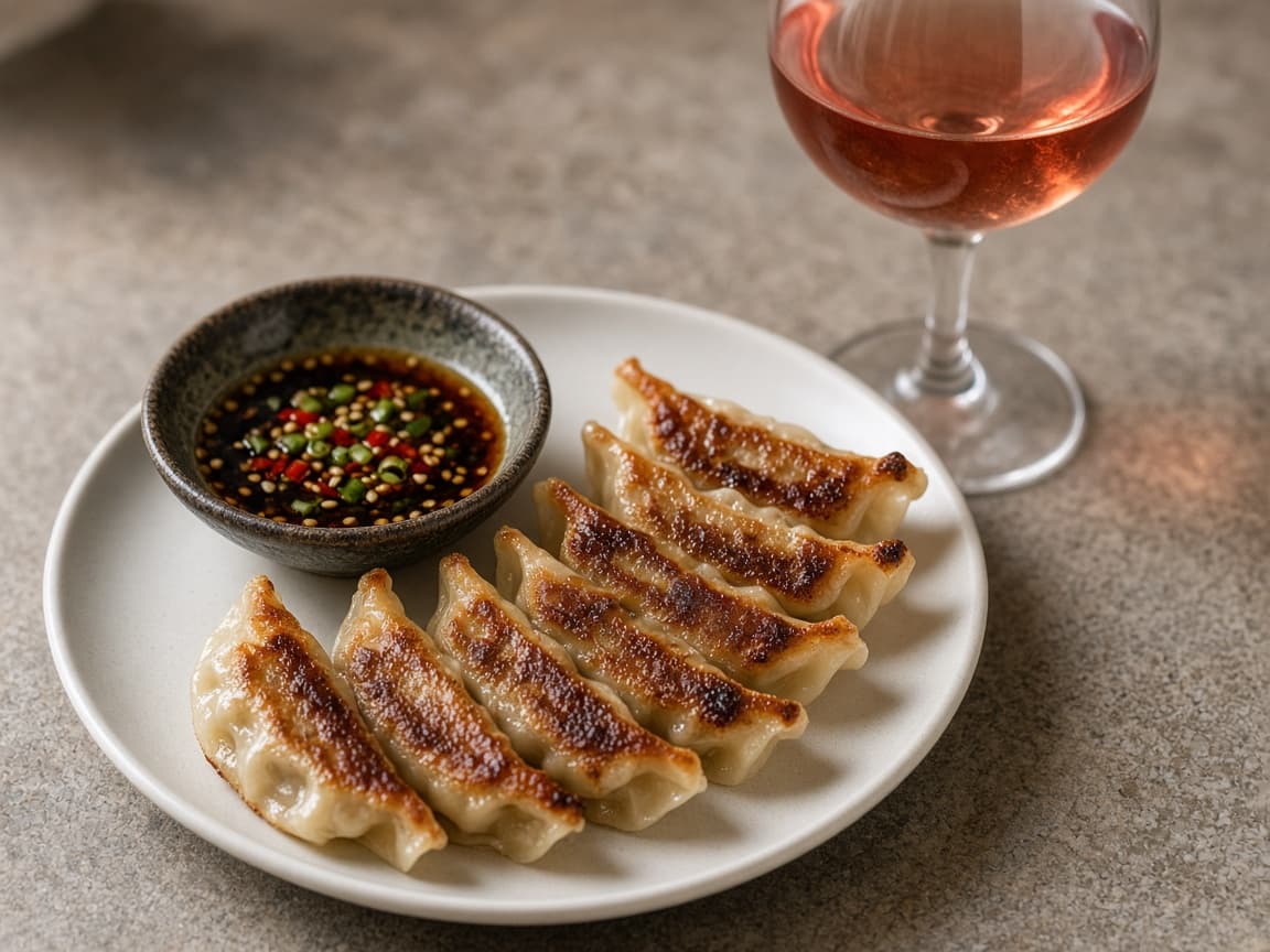 Sprøde gyoza-dumplings med kold rødvin — serveret ret