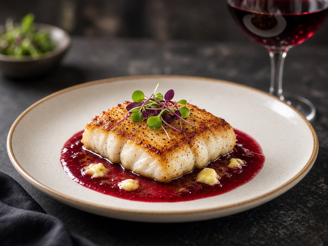 Stegt torskeryg med beurre rouge — serveret ret