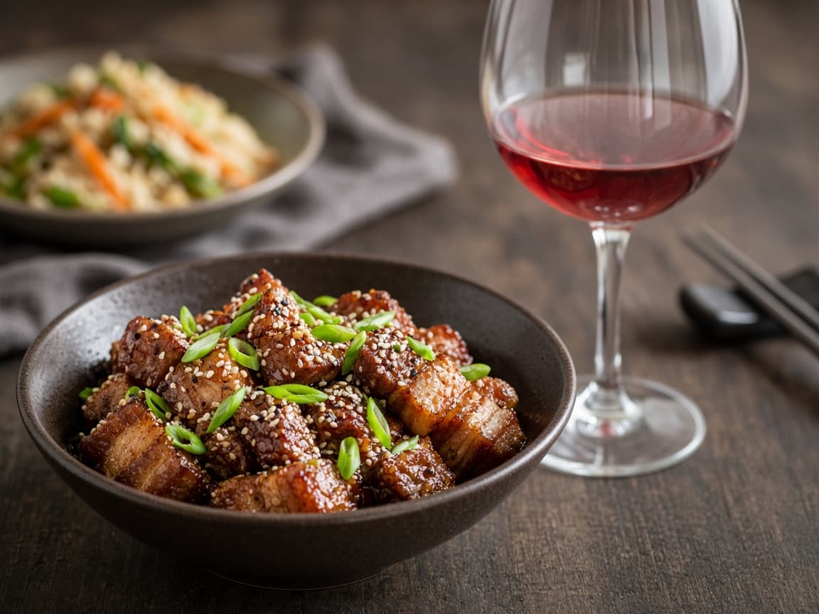 Sticky pork belly med kold Zweigelt — serveret ret
