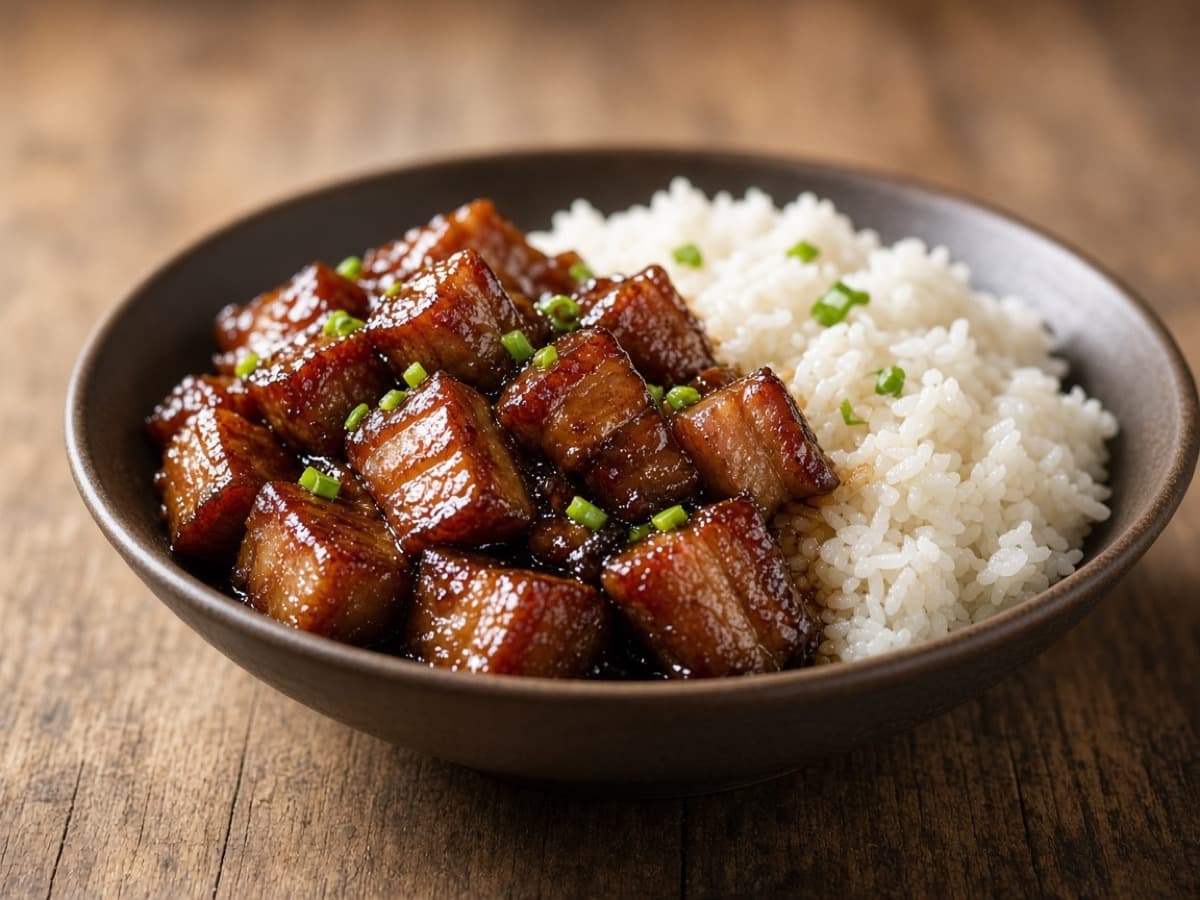 Sticky Chinese Pork Belly med Shaoxing-risvin — serveret ret