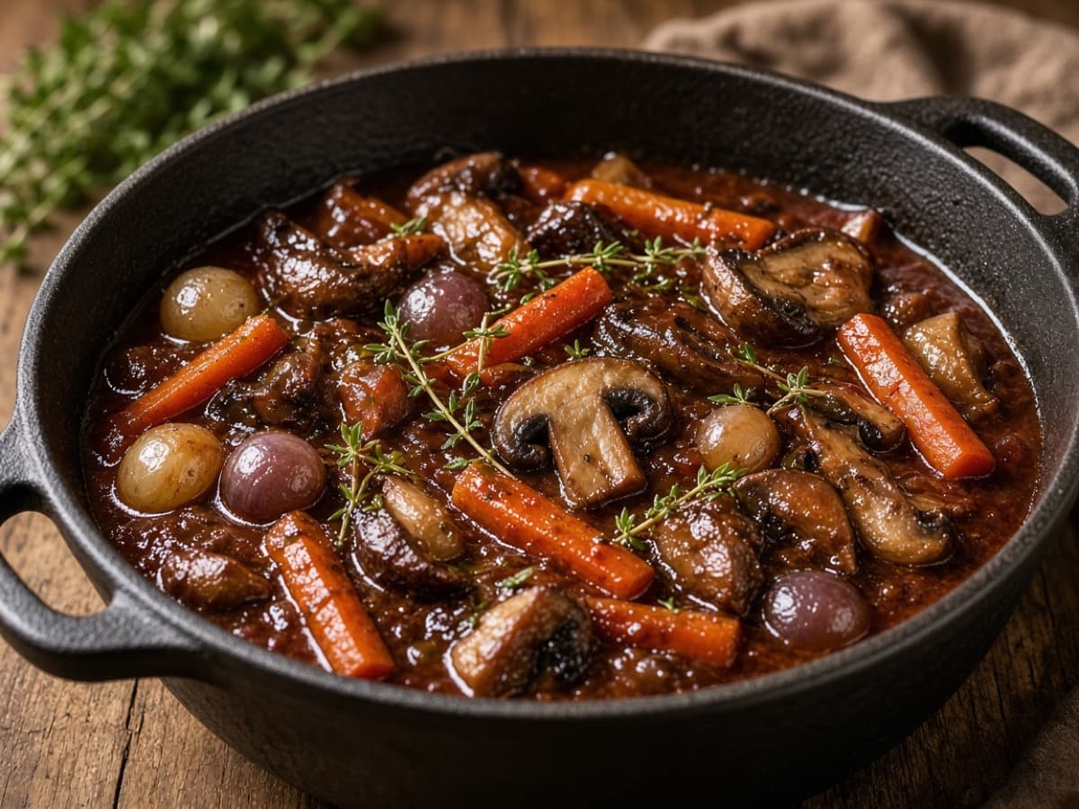 Svampe Bourguignon — serveret ret