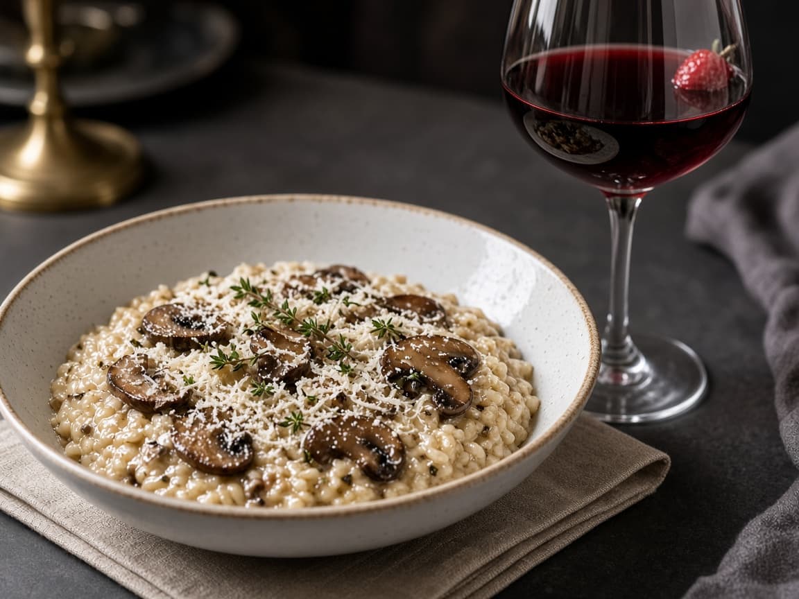 Cremet svamperisotto med kold Pinot Noir — serveret ret