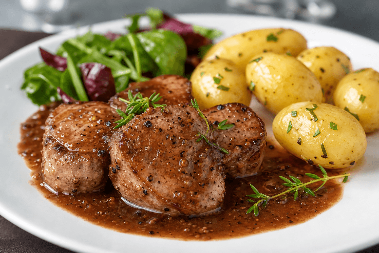 Svinefilet i rødvinsauce — serveret ret