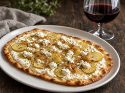 Tarte flambée med gedeost — serveret ret