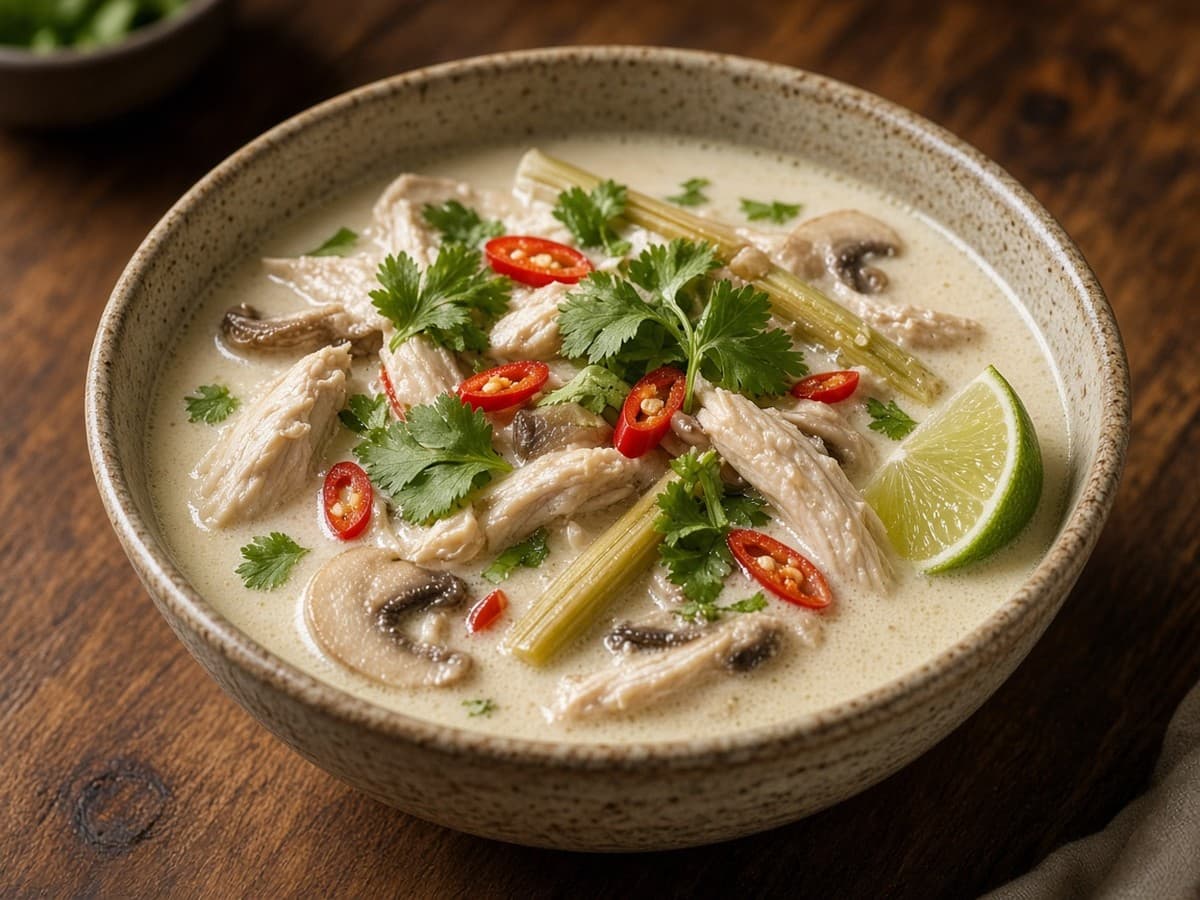 Tom Kha Gai med hvidvin — serveret ret