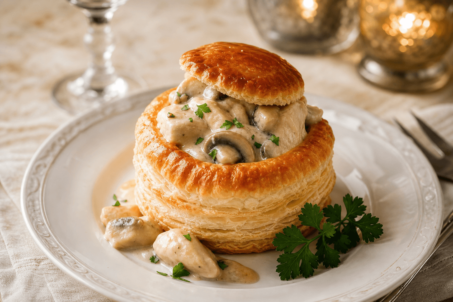 Vol-au-vent med hvidvin — serveret ret