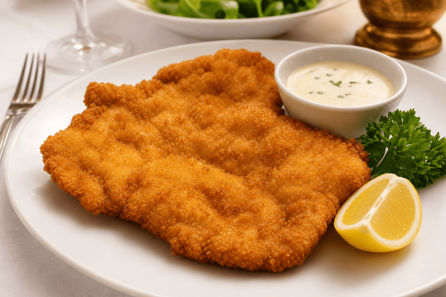 Wiener schnitzel med hvidvin — serveret ret